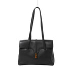 Dark gray Celine leather shoulder bag with long shoulder straps, structured flap, central leather tab and gold-tone clasp hardware.