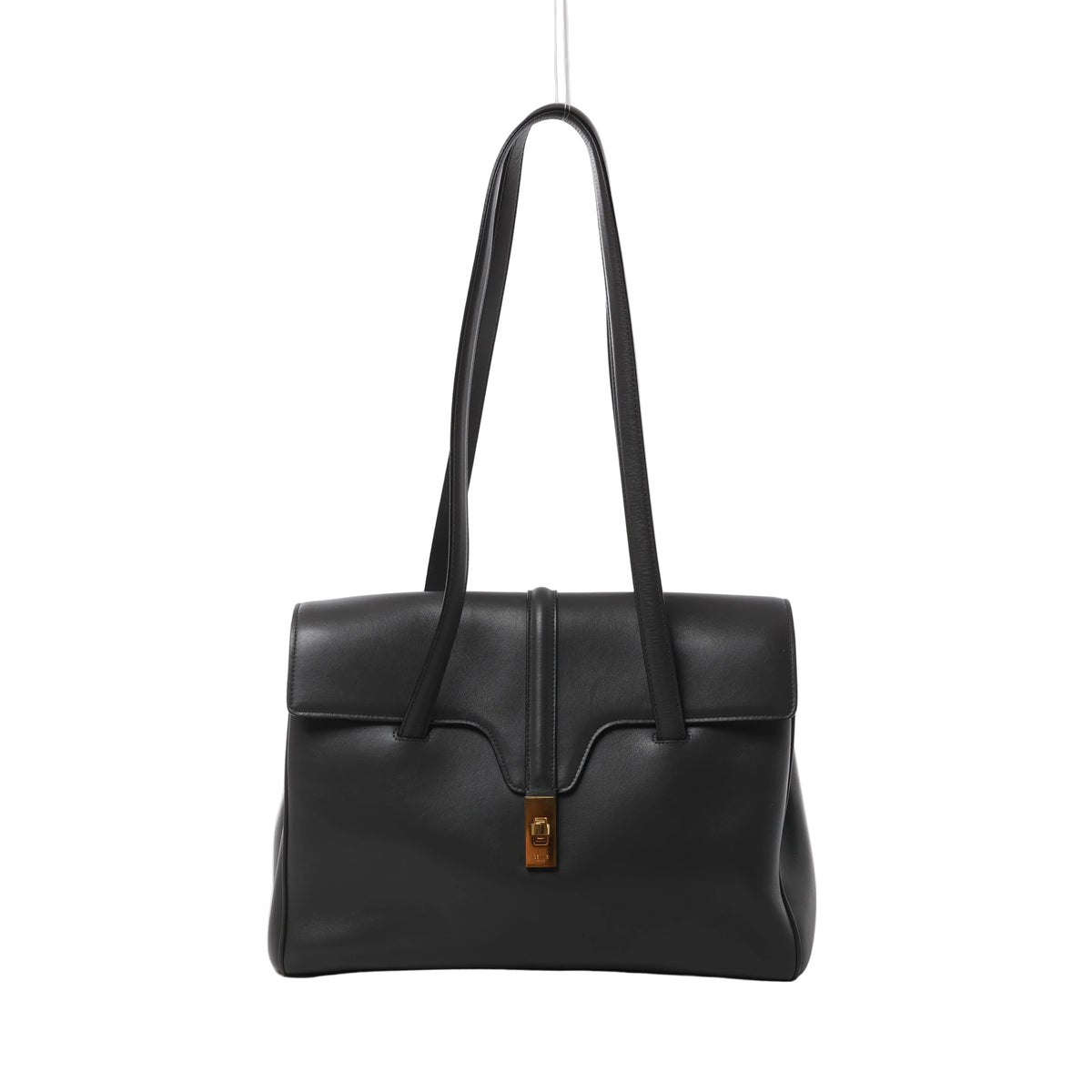 Dark gray Celine leather shoulder bag with long shoulder straps, structured flap, central leather tab and gold-tone clasp hardware.
