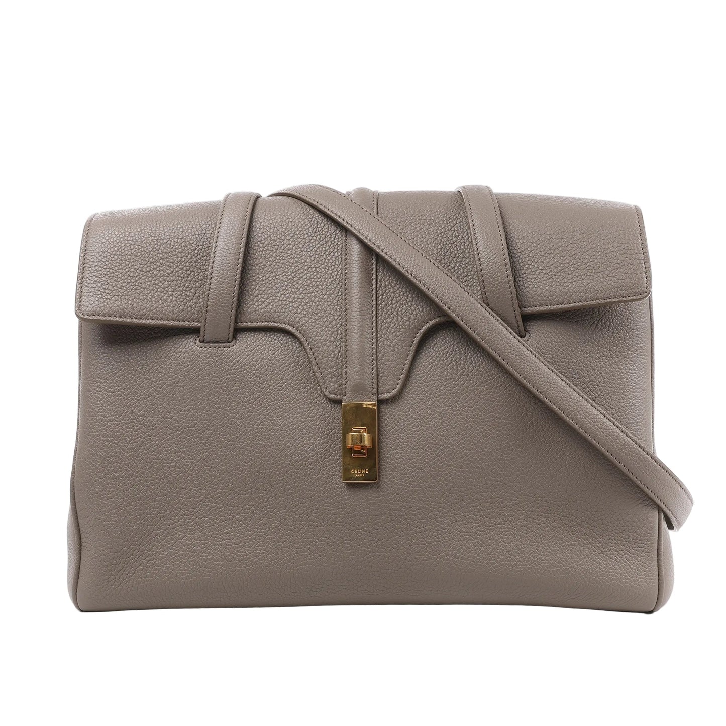 Celine Sac 16 Medium Handbag in gray smooth leather with structured top flap, gold-tone padlock closure, and matching adjustable shoulder strap, displayed against a white background.
