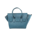 Blue Celine Tie Knot leather handbag with double top handles, structured flap detail, and folded side panels with snap closure.