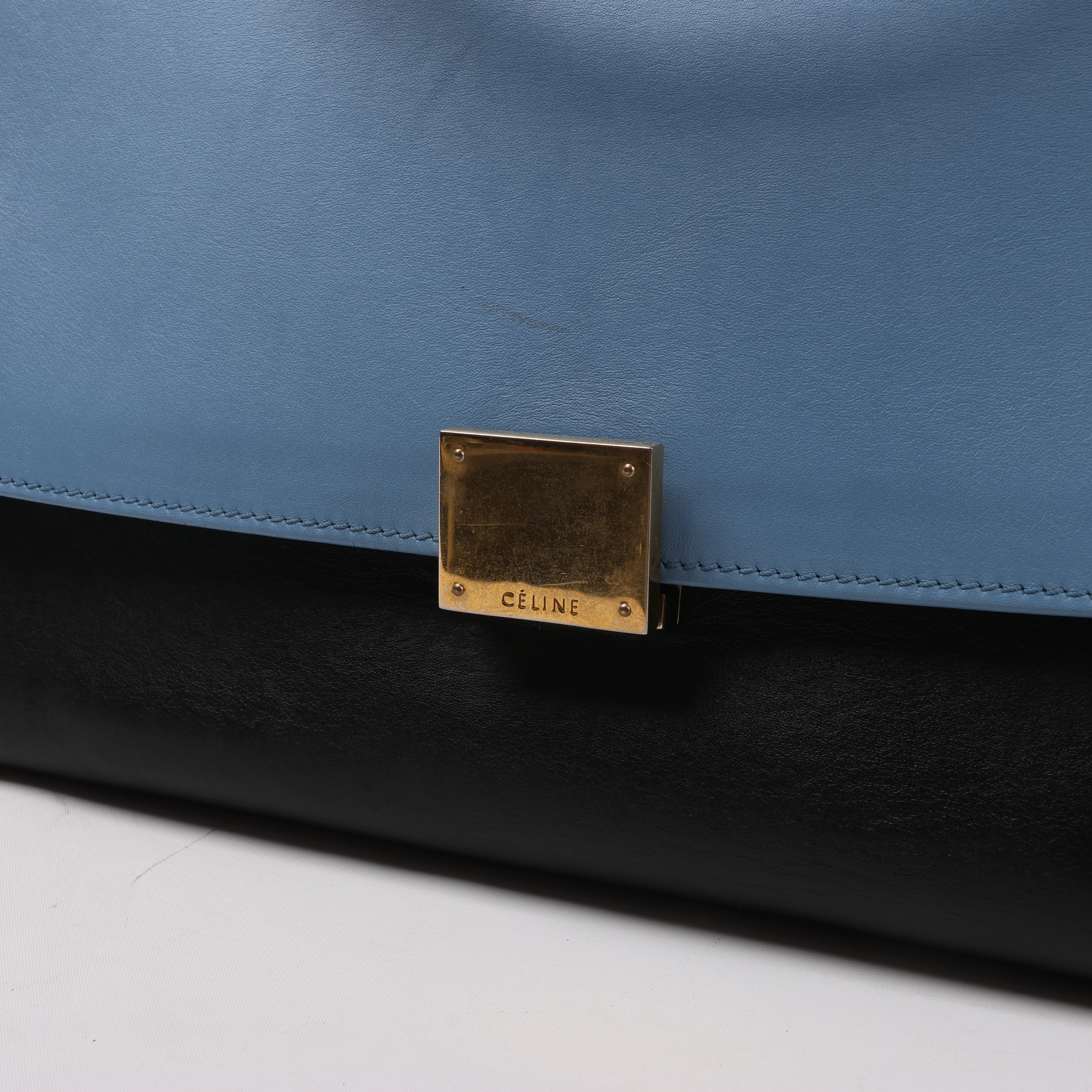 Celine Trapeze Leather 2Way Handbag Blue × White x Black