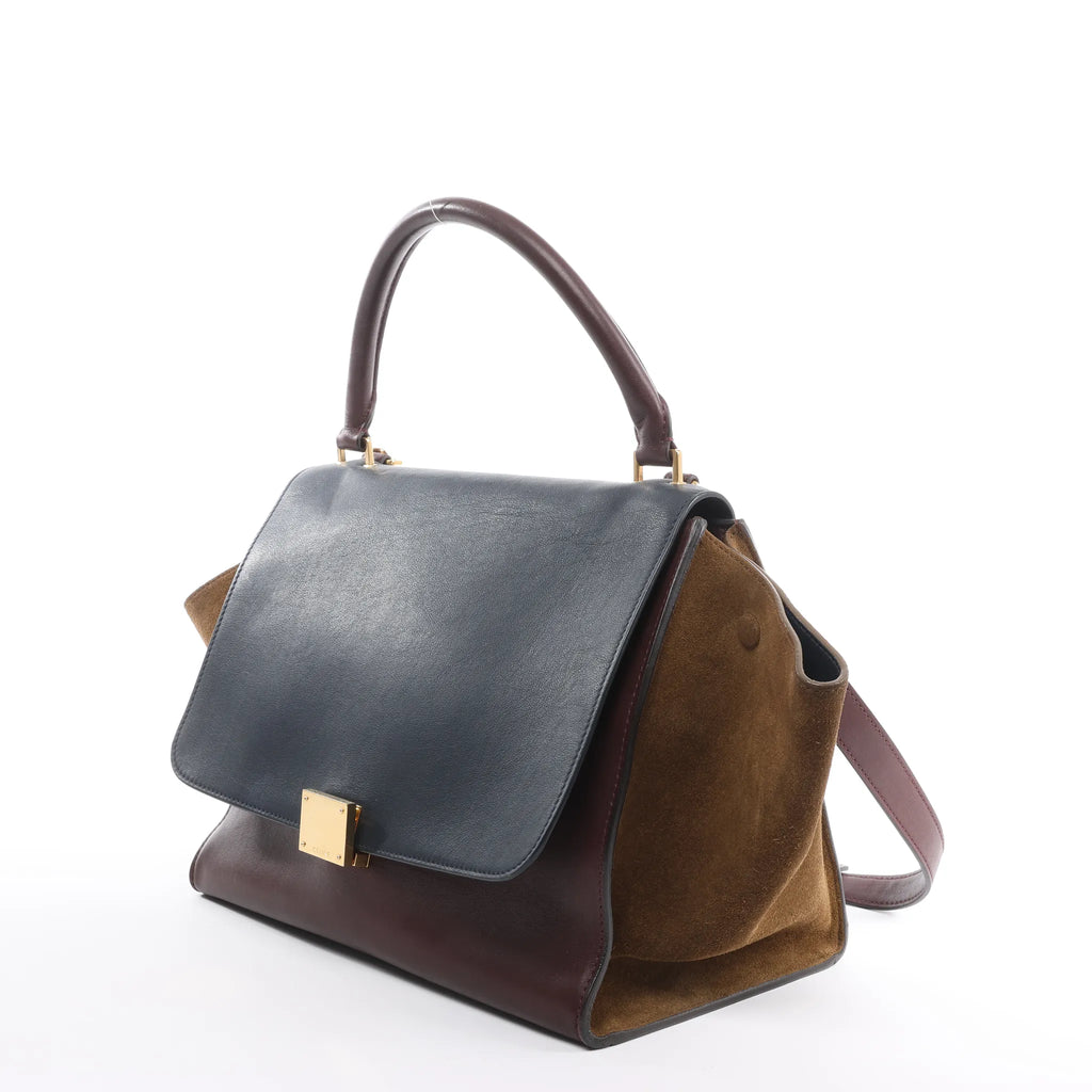 CELINE Trapeze Leather x Suede 2Way Handbag in Navy Blue x Brown x Burgundy