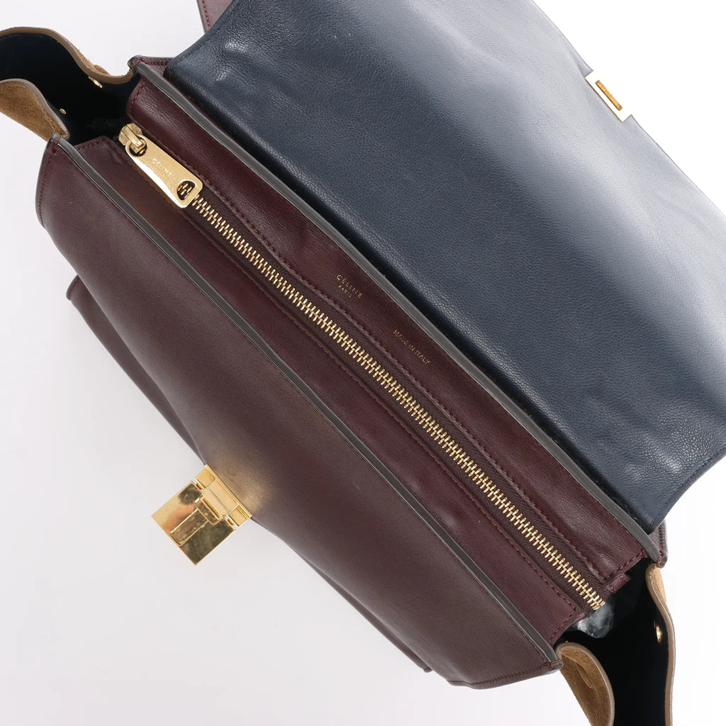 CELINE Trapeze Leather x Suede 2Way Handbag in Navy Blue x Brown x Burgundy