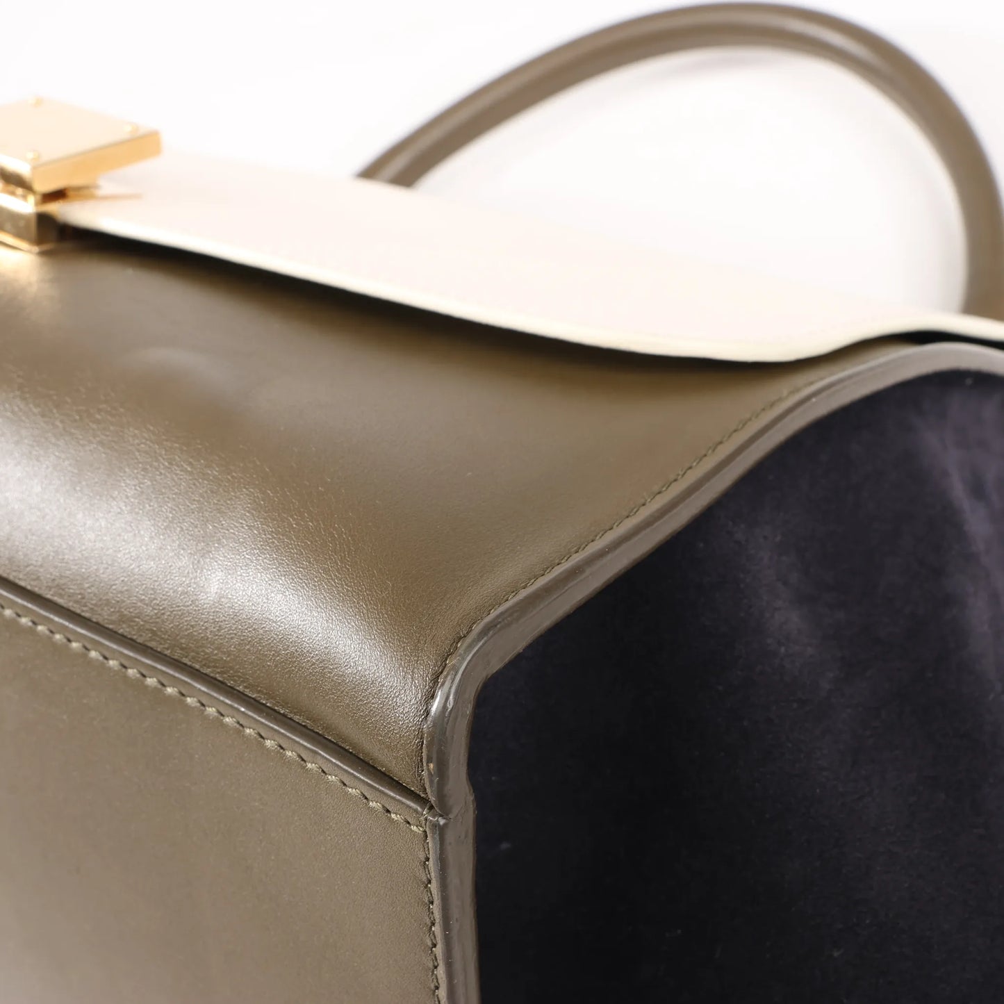 CELINE Trapeze Leather x Suede 2Way Handbag in Beige x Black, Khaki