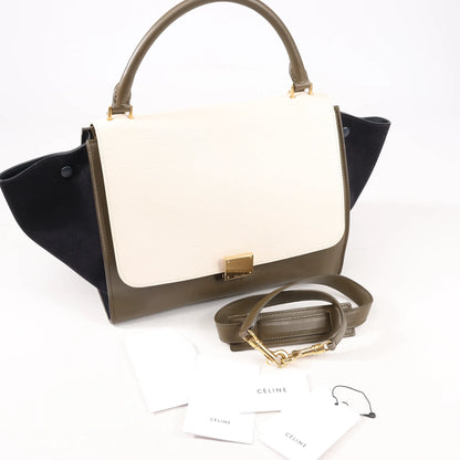 CELINE Trapeze Leather x Suede 2Way Handbag in Beige x Black, Khaki