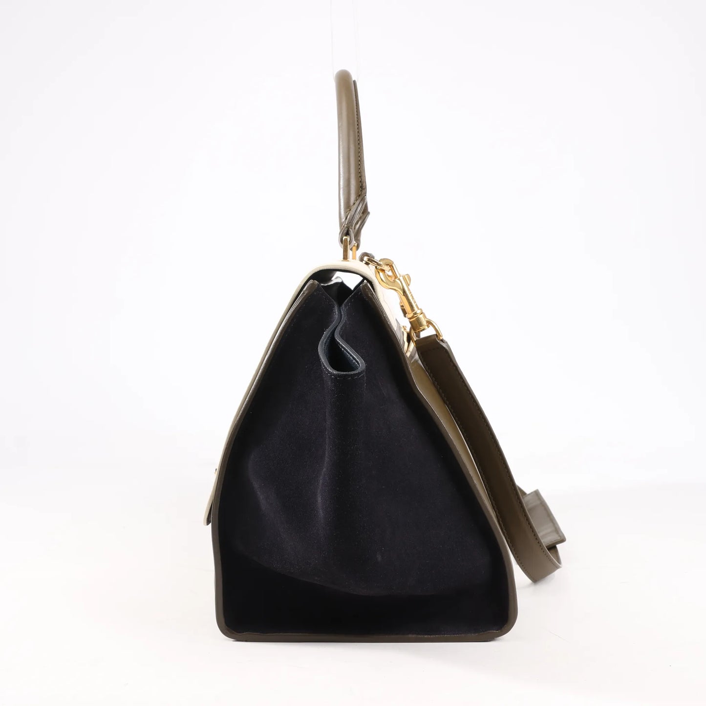 CELINE Trapeze Leather x Suede 2Way Handbag in Beige x Black, Khaki