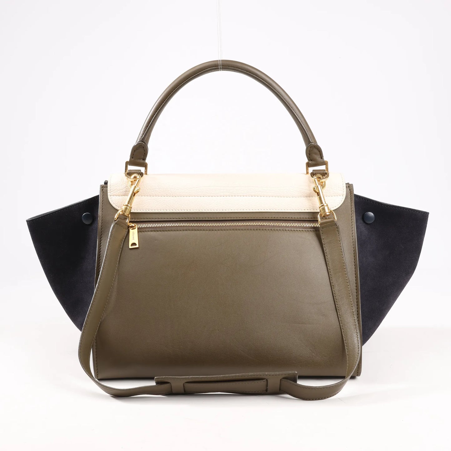 CELINE Trapeze Leather x Suede 2Way Handbag in Beige x Black, Khaki