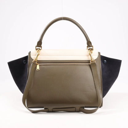 CELINE Trapeze Leather x Suede 2Way Handbag in Beige x Black, Khaki
