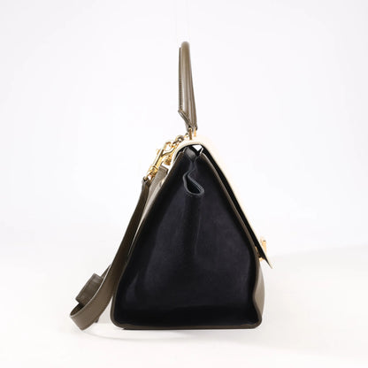 CELINE Trapeze Leather x Suede 2Way Handbag in Beige x Black, Khaki