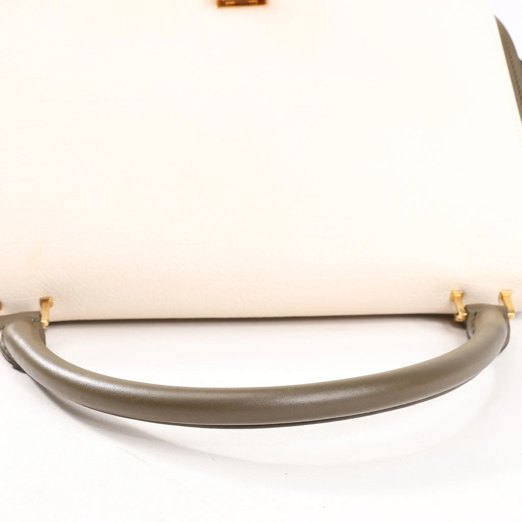CELINE Trapeze Leather x Suede 2Way Handbag in Beige x Black, Khaki