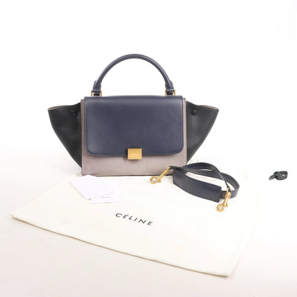 CELINE Trapeze Leather 2Way Handbag in Navy Blue x Taupe x Black