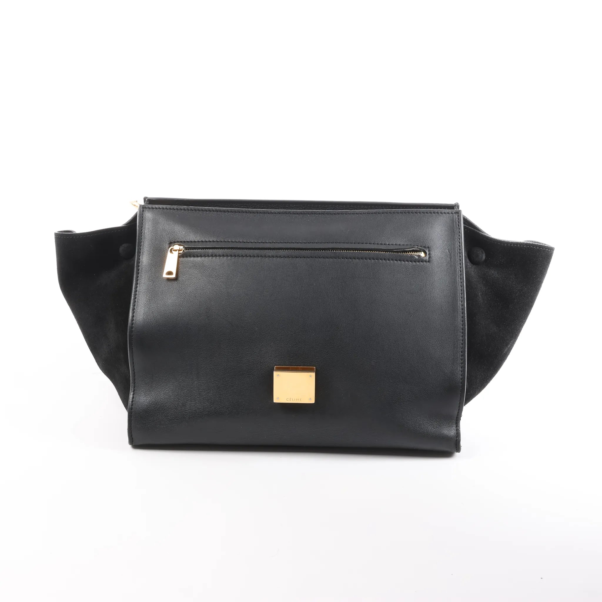 CELINE Trapeze Croc Embossed Leather x Suede 2Way Handbag in Black