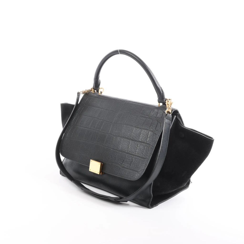 CELINE Trapeze Croc Embossed Leather x Suede 2Way Handbag in Black