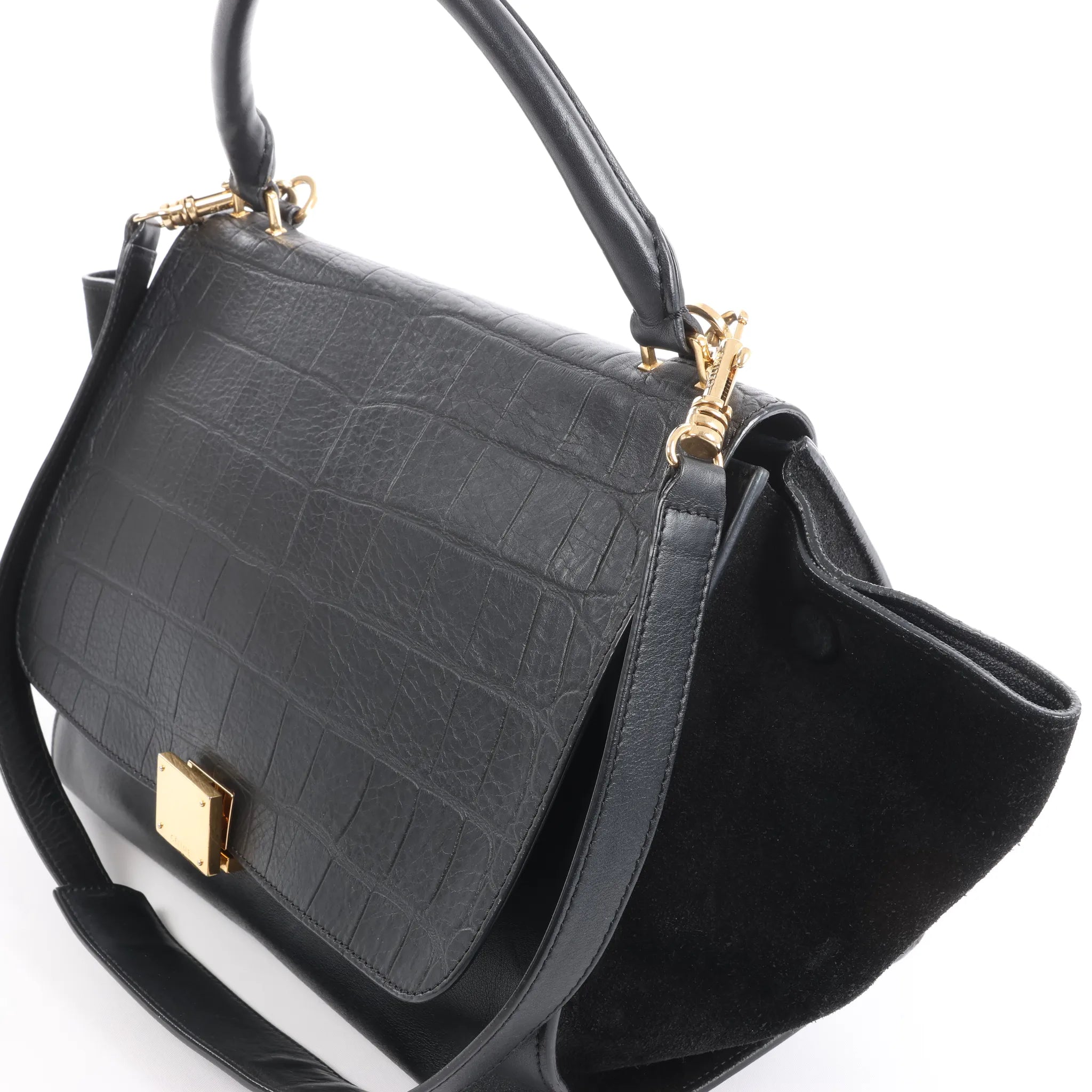 CELINE Trapeze Croc Embossed Leather x Suede 2Way Handbag in Black
