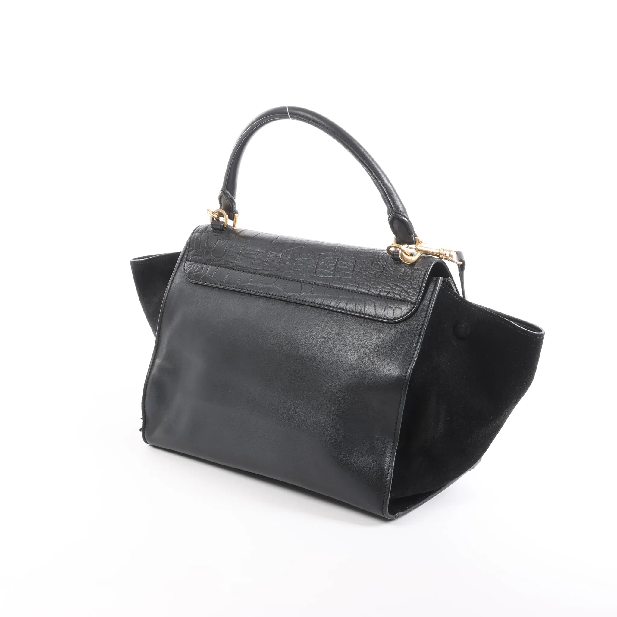 CELINE Trapeze Croc Embossed Leather x Suede 2Way Handbag in Black