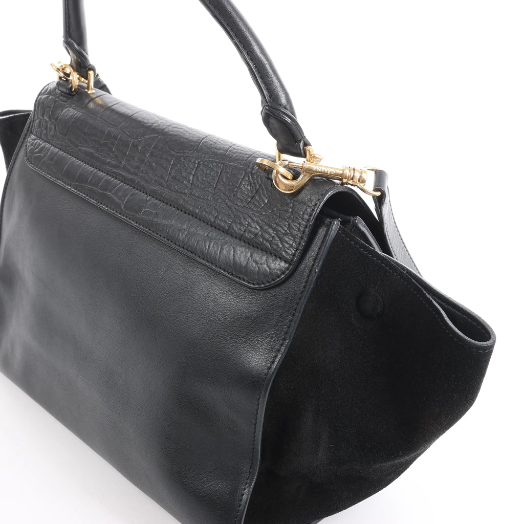 CELINE Trapeze Croc Embossed Leather x Suede 2Way Handbag in Black