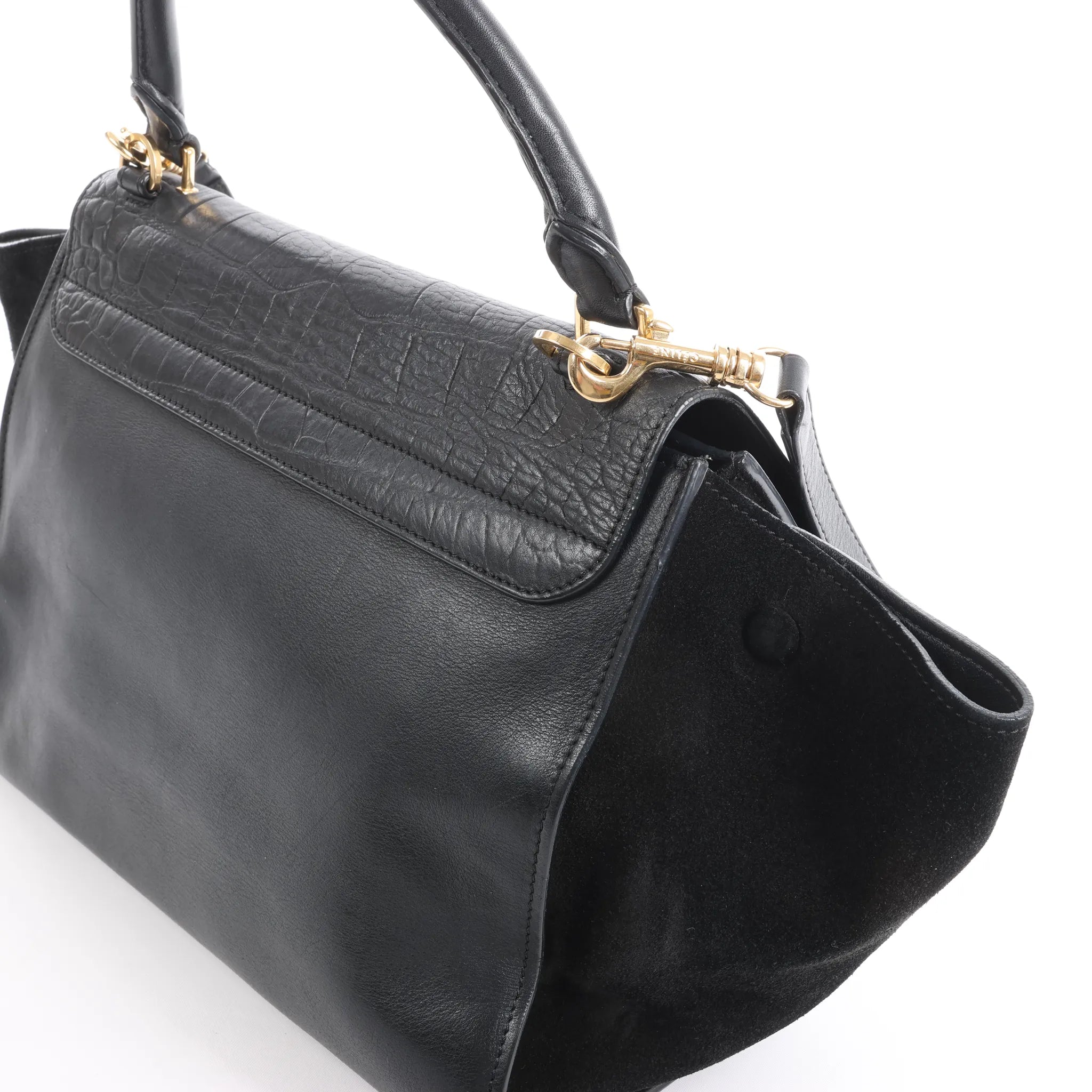 CELINE Trapeze Croc Embossed Leather x Suede 2Way Handbag in Black
