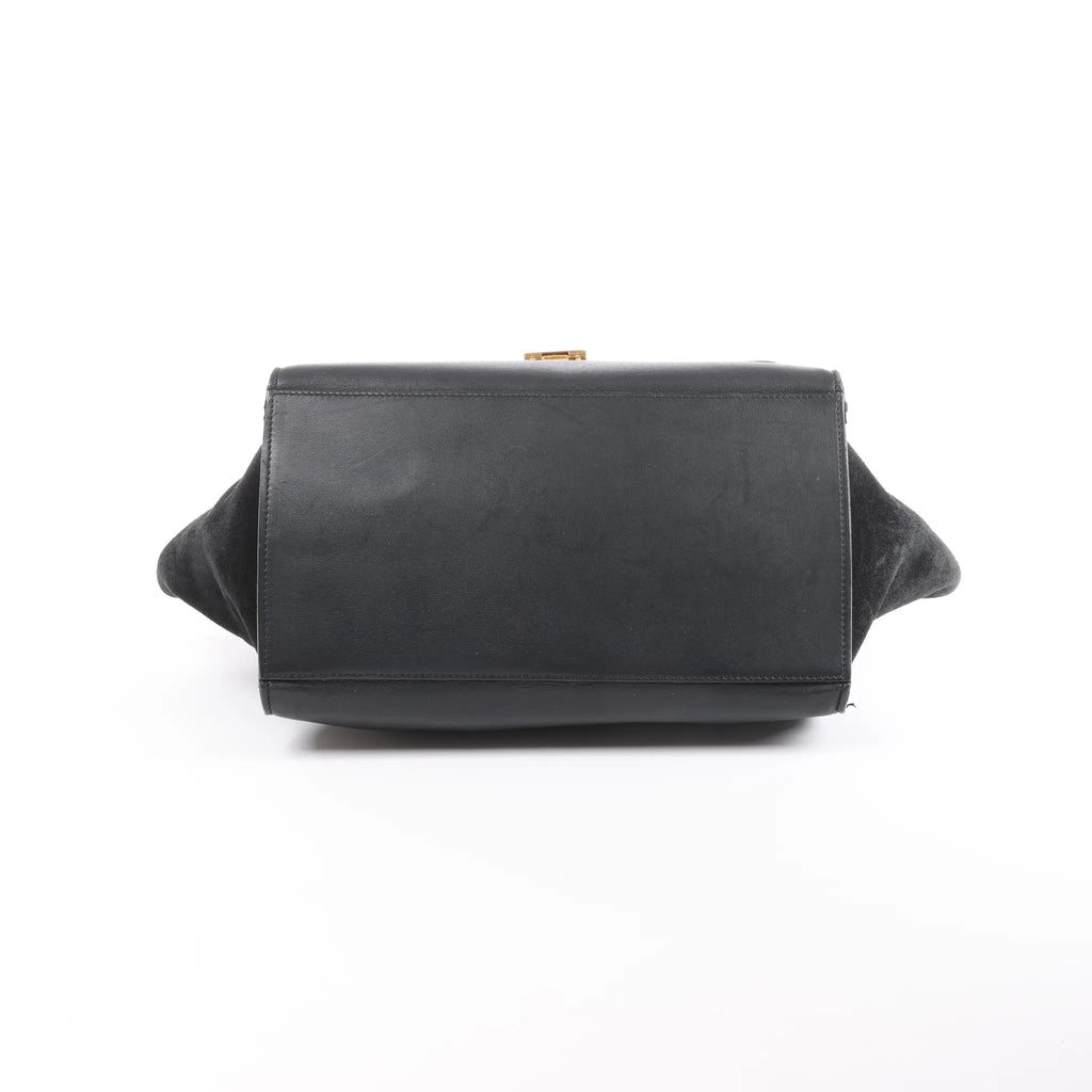 CELINE Trapeze Croc Embossed Leather x Suede 2Way Handbag in Black