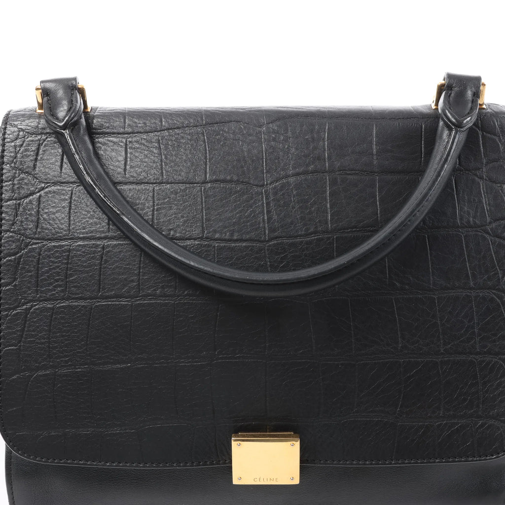 CELINE Trapeze Croc Embossed Leather x Suede 2Way Handbag in Black