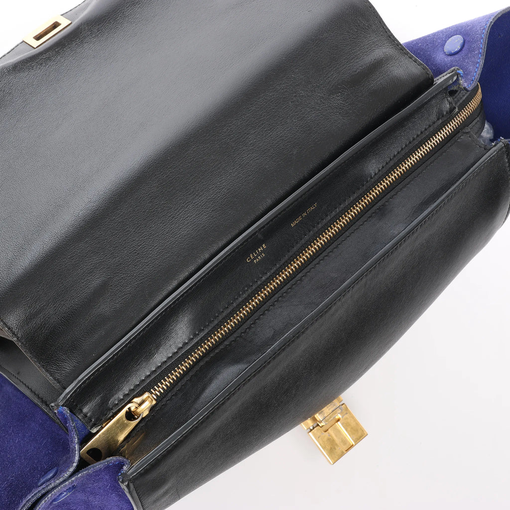 CELINE Trapeze Leather x Suede 2Way Handbag in Brown x Navy Blue x Black