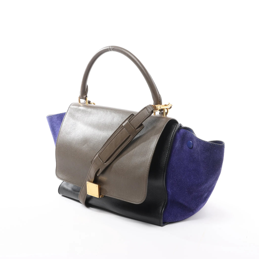CELINE Trapeze Leather x Suede 2Way Handbag in Brown x Navy Blue x Black
