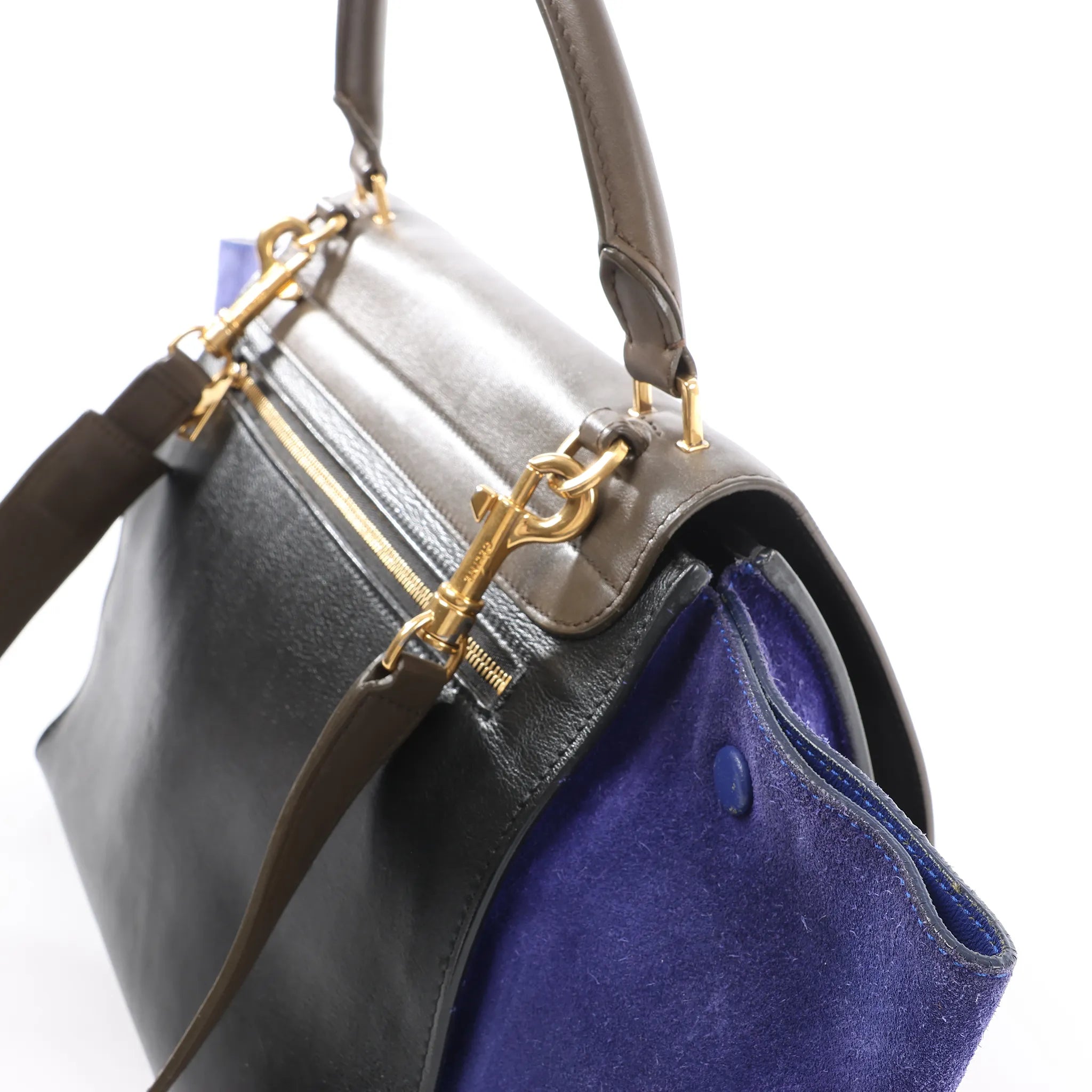 CELINE Trapeze Leather x Suede 2Way Handbag in Brown x Navy Blue x Black
