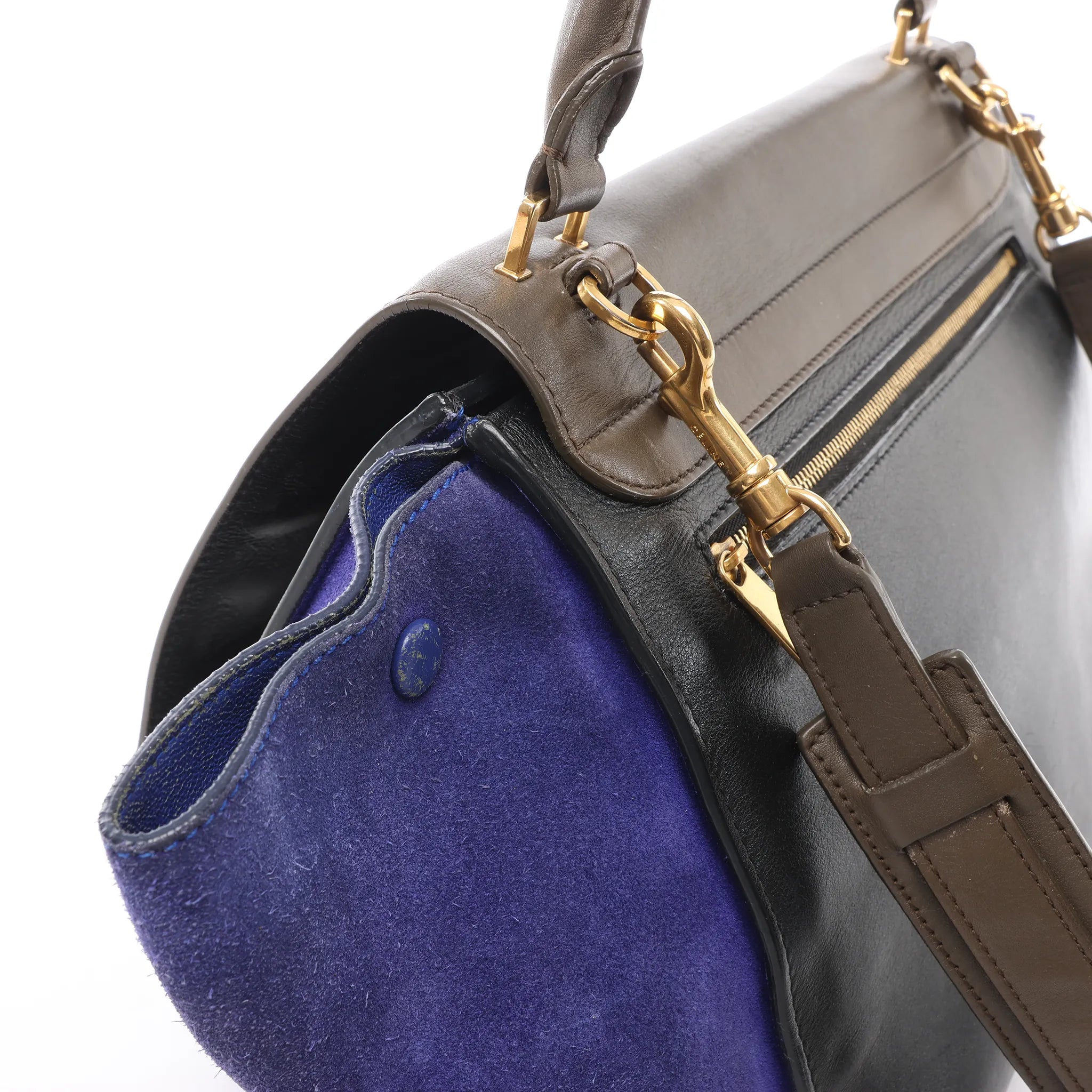 CELINE Trapeze Leather x Suede 2Way Handbag in Brown x Navy Blue x Black
