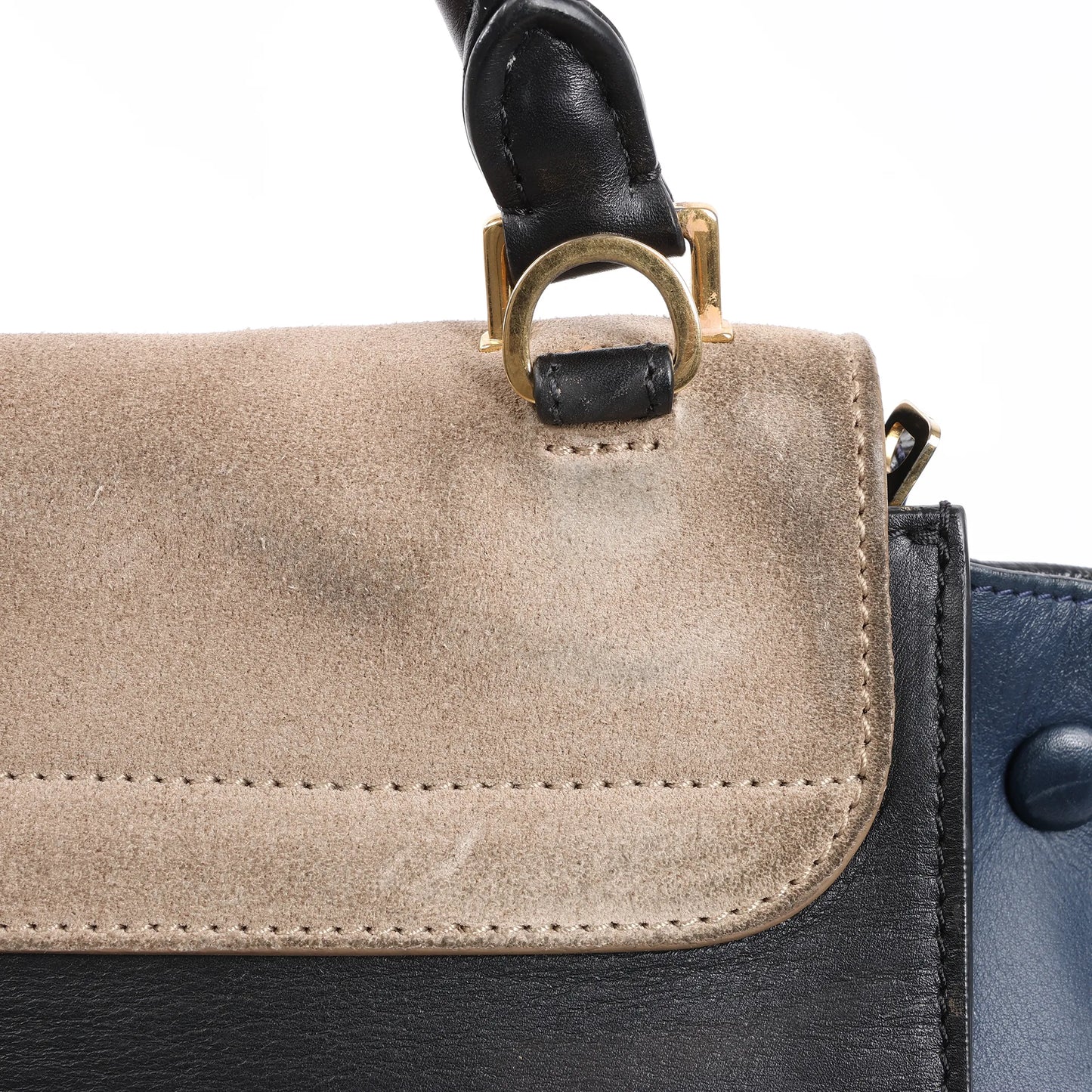Sac à main double sens en cuir et daim trapèze CELINE en noir, bleu marine et taupe