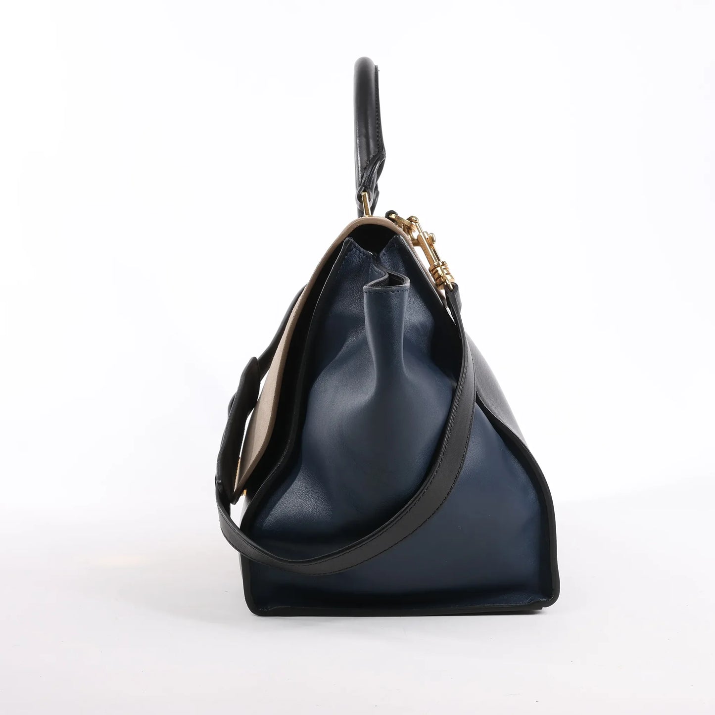 Sac à main double sens en cuir et daim trapèze CELINE en noir, bleu marine et taupe