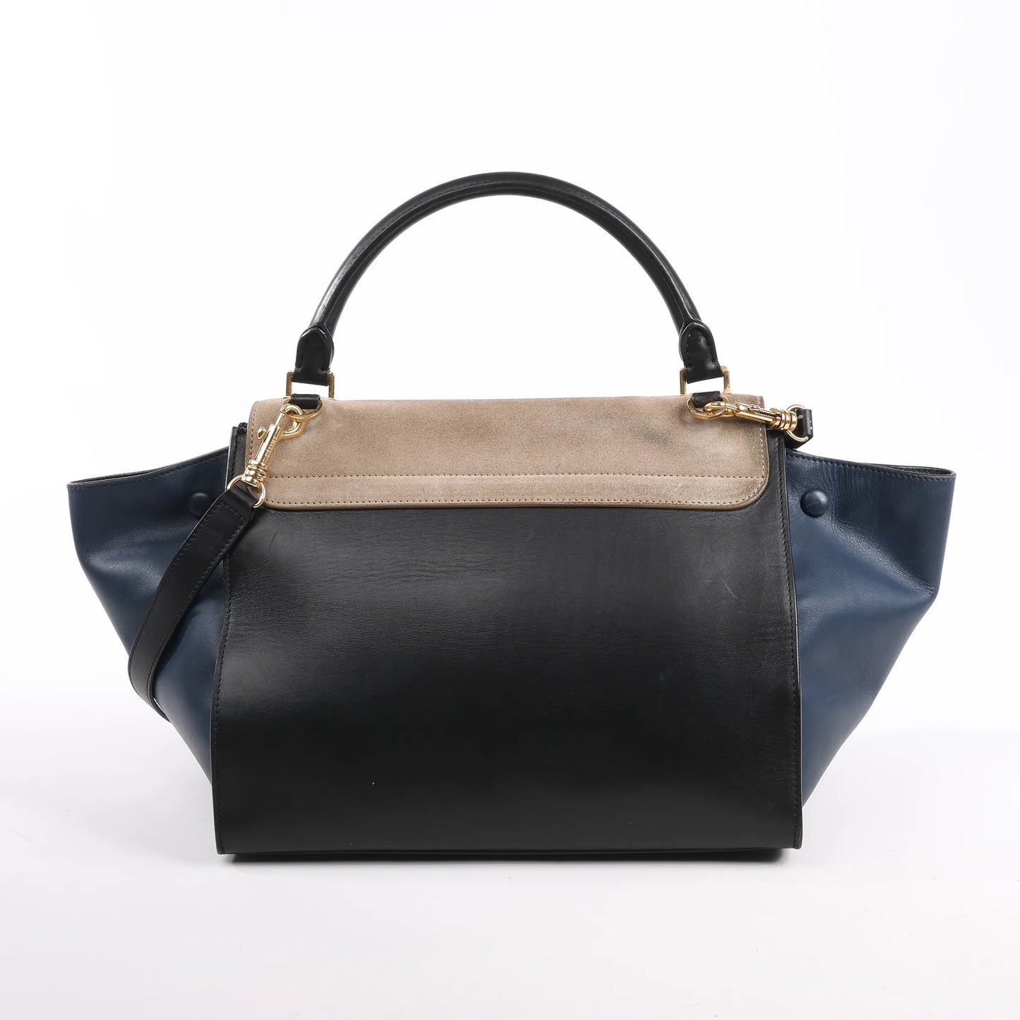 Sac à main double sens en cuir et daim trapèze CELINE en noir, bleu marine et taupe