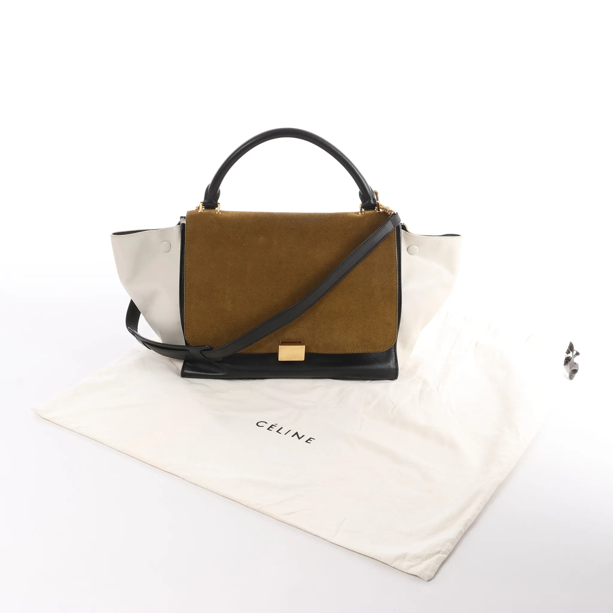 CELINE Trapeze Leather x Suede 2Way Handbag in Brown, Black, White