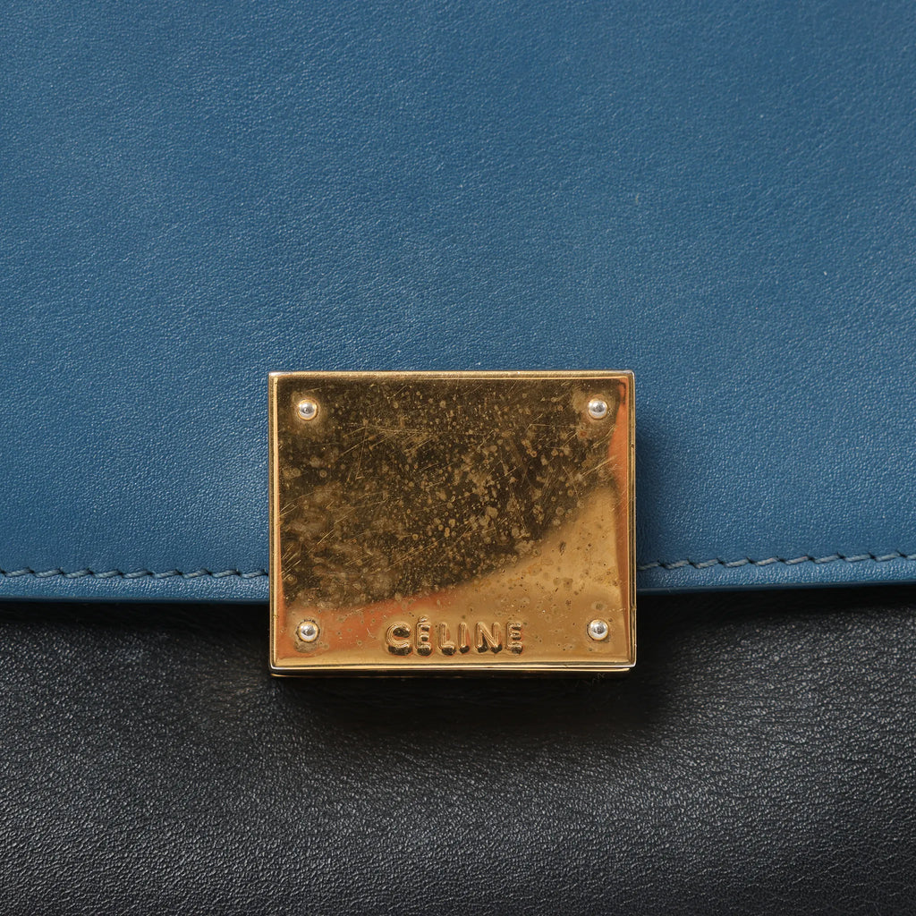 CELINE Trapeze Leather x Suede 2Way Handbag in Blue x Black