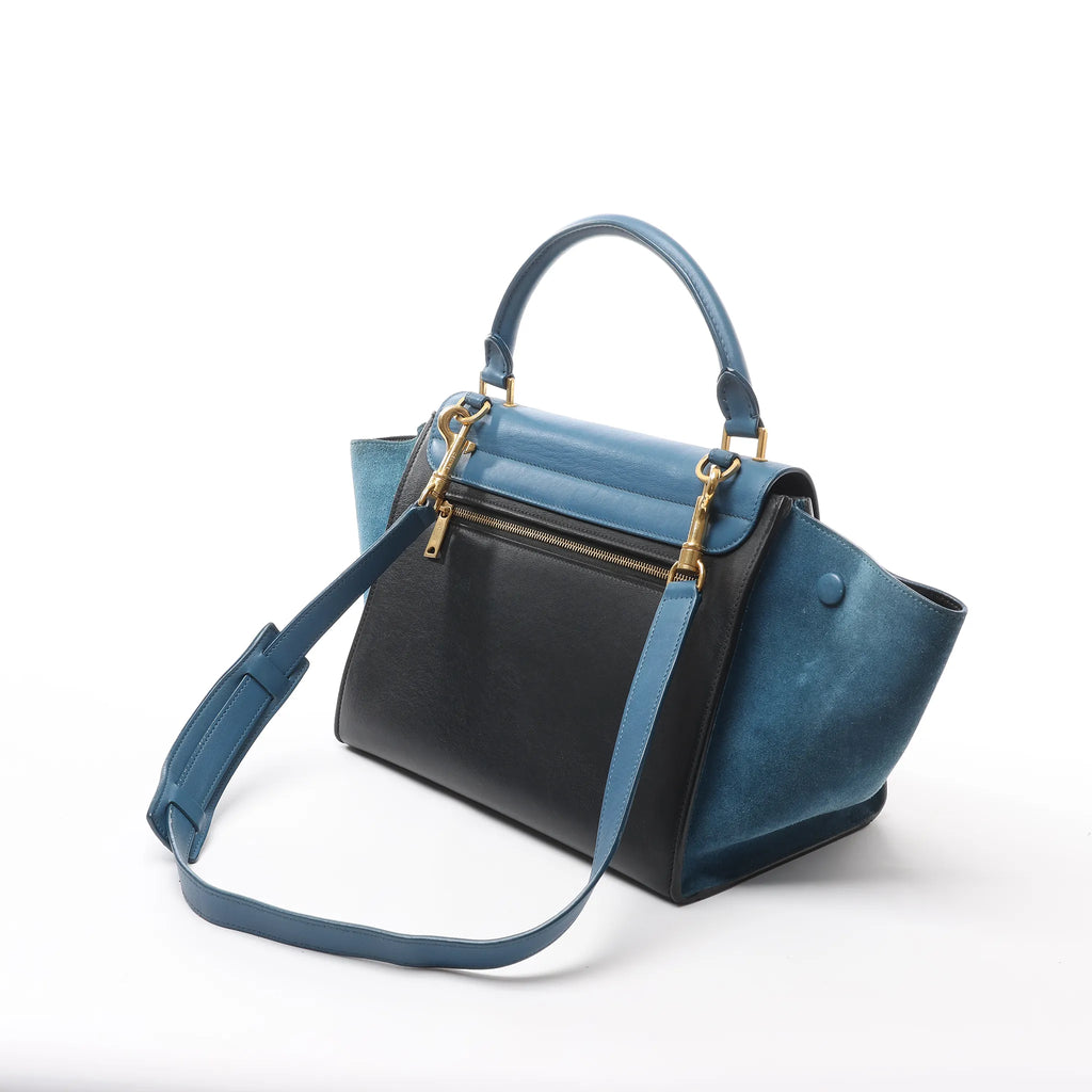 CELINE Trapeze Leather x Suede 2Way Handbag in Blue x Black