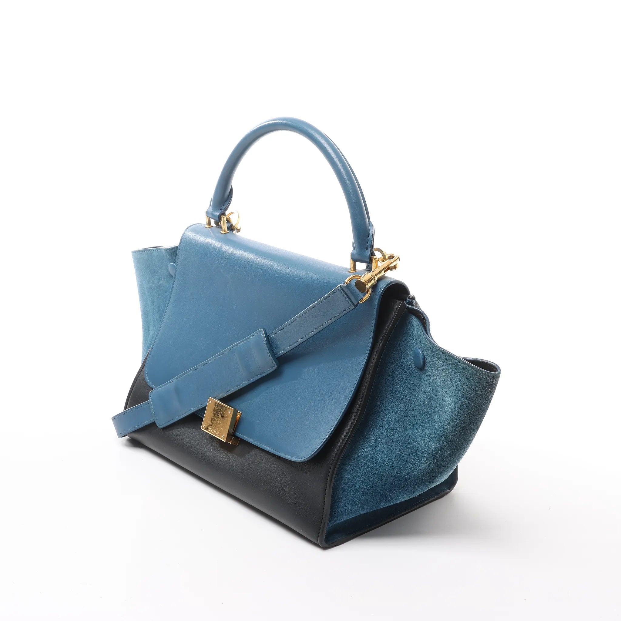 CELINE Trapeze Leather x Suede 2Way Handbag in Blue x Black