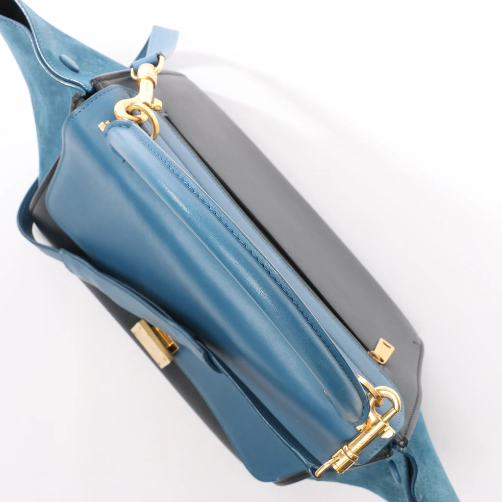 CELINE Trapeze Leather x Suede 2Way Handbag in Blue x Black