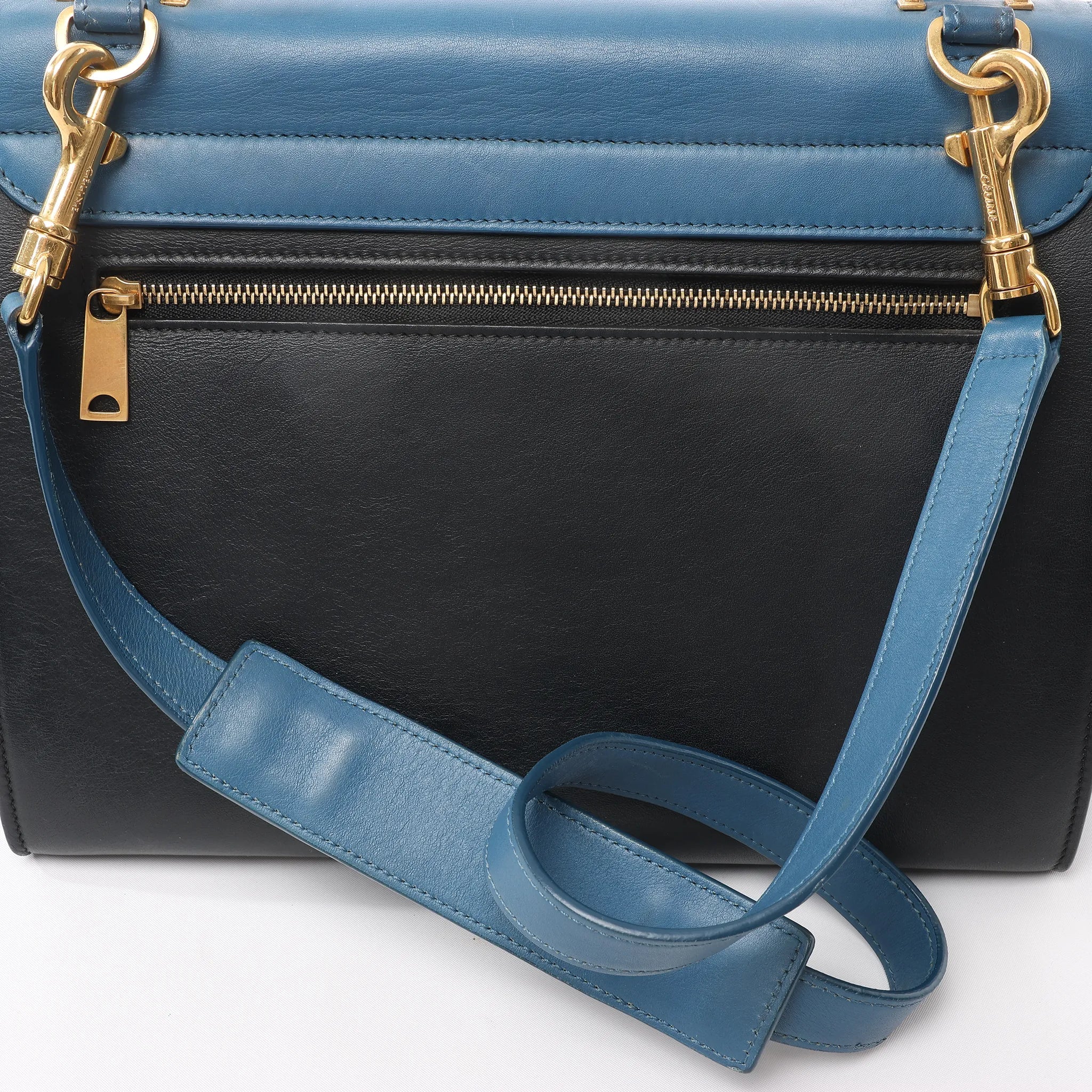 CELINE Trapeze Leather x Suede 2Way Handbag in Blue x Black