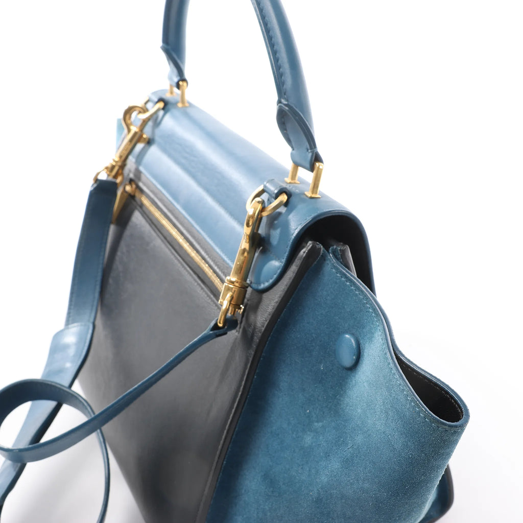 CELINE Trapeze Leather x Suede 2Way Handbag in Blue x Black