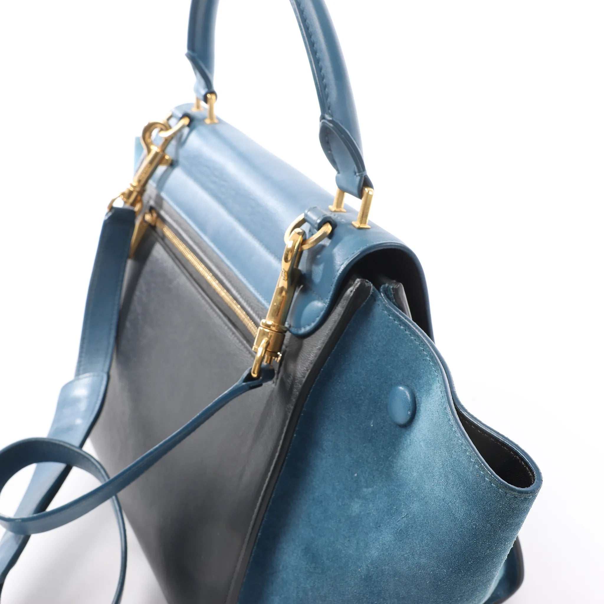 CELINE Trapeze Leather x Suede 2Way Handbag in Blue x Black