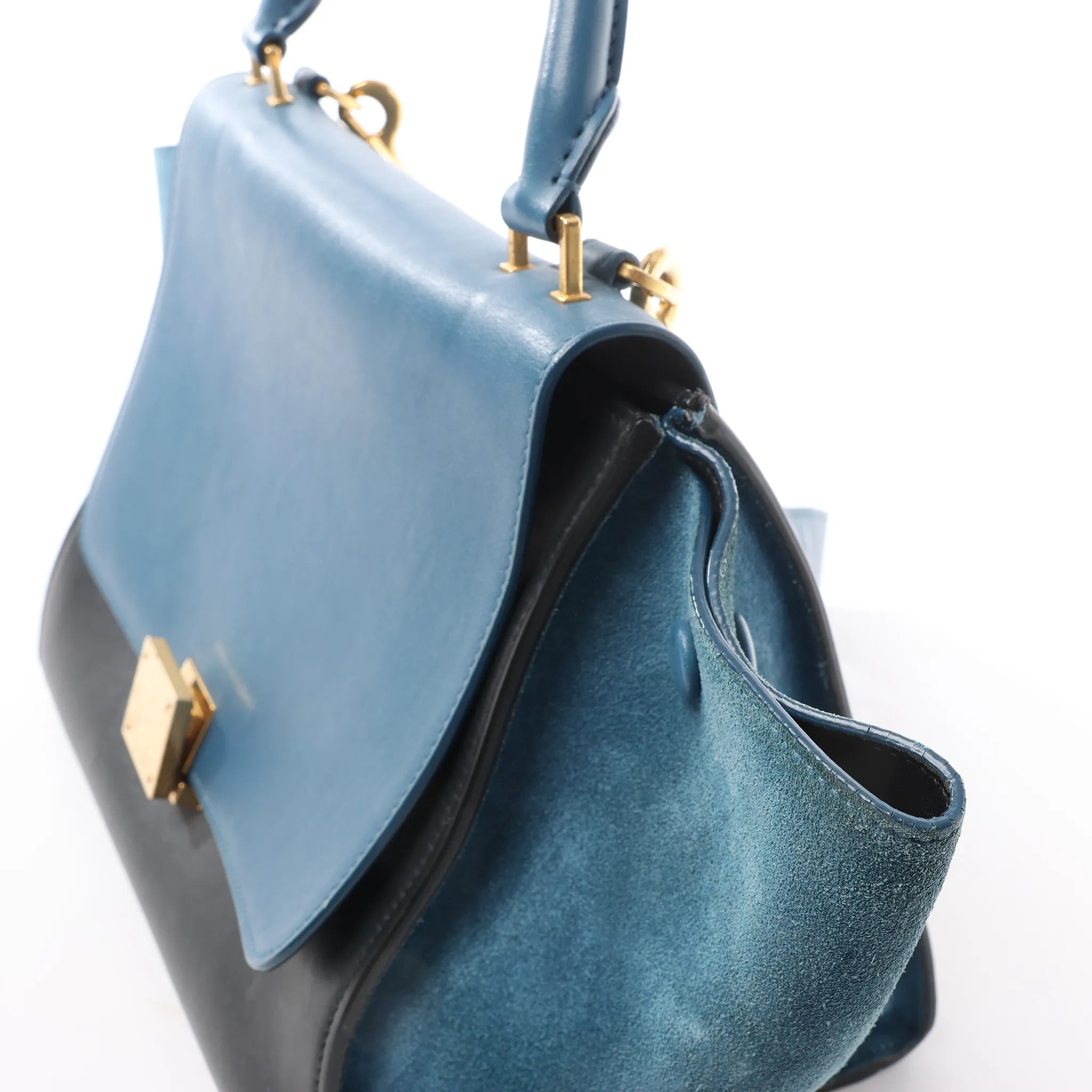 CELINE Trapeze Leather x Suede 2Way Handbag in Blue x Black
