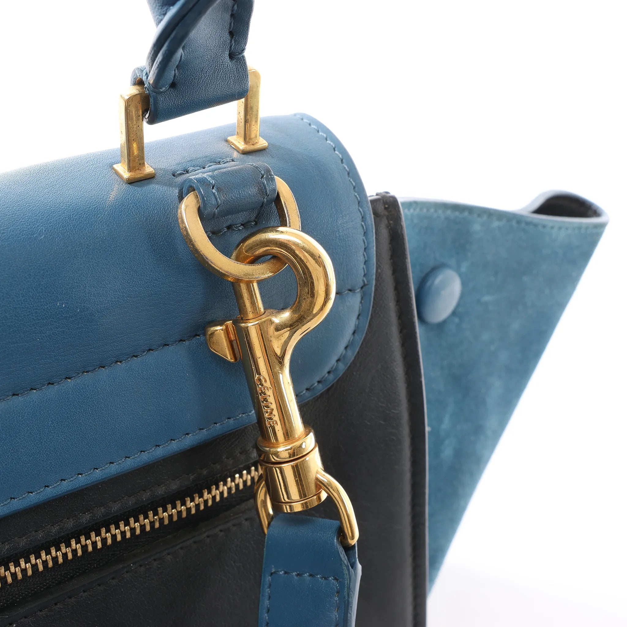 CELINE Trapeze Leather x Suede 2Way Handbag in Blue x Black