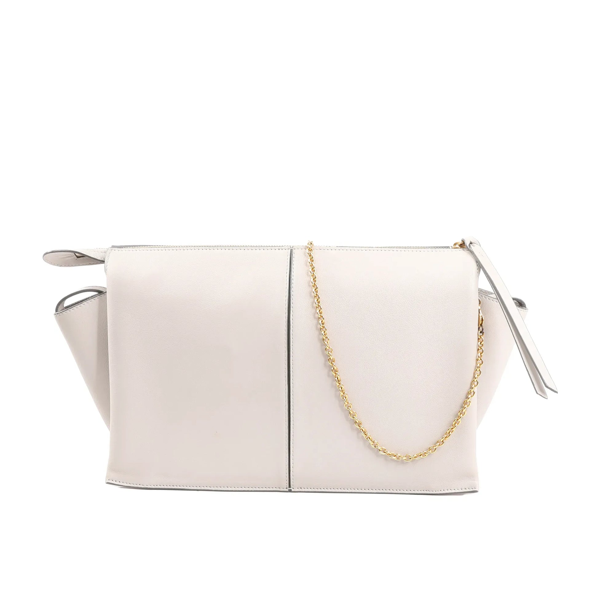 Celine Tri-Fold shoulder bag in light gray smooth leather, featuring a structured rectangular shape, side gussets, gold-tone chain strap, and zip closure with leather pull tab.