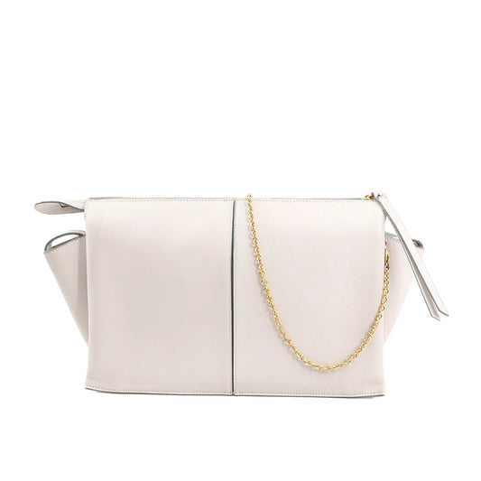 Celine Tri-Fold shoulder bag in light gray smooth leather, featuring a structured rectangular shape, side gussets, gold-tone chain strap, and zip closure with leather pull tab.