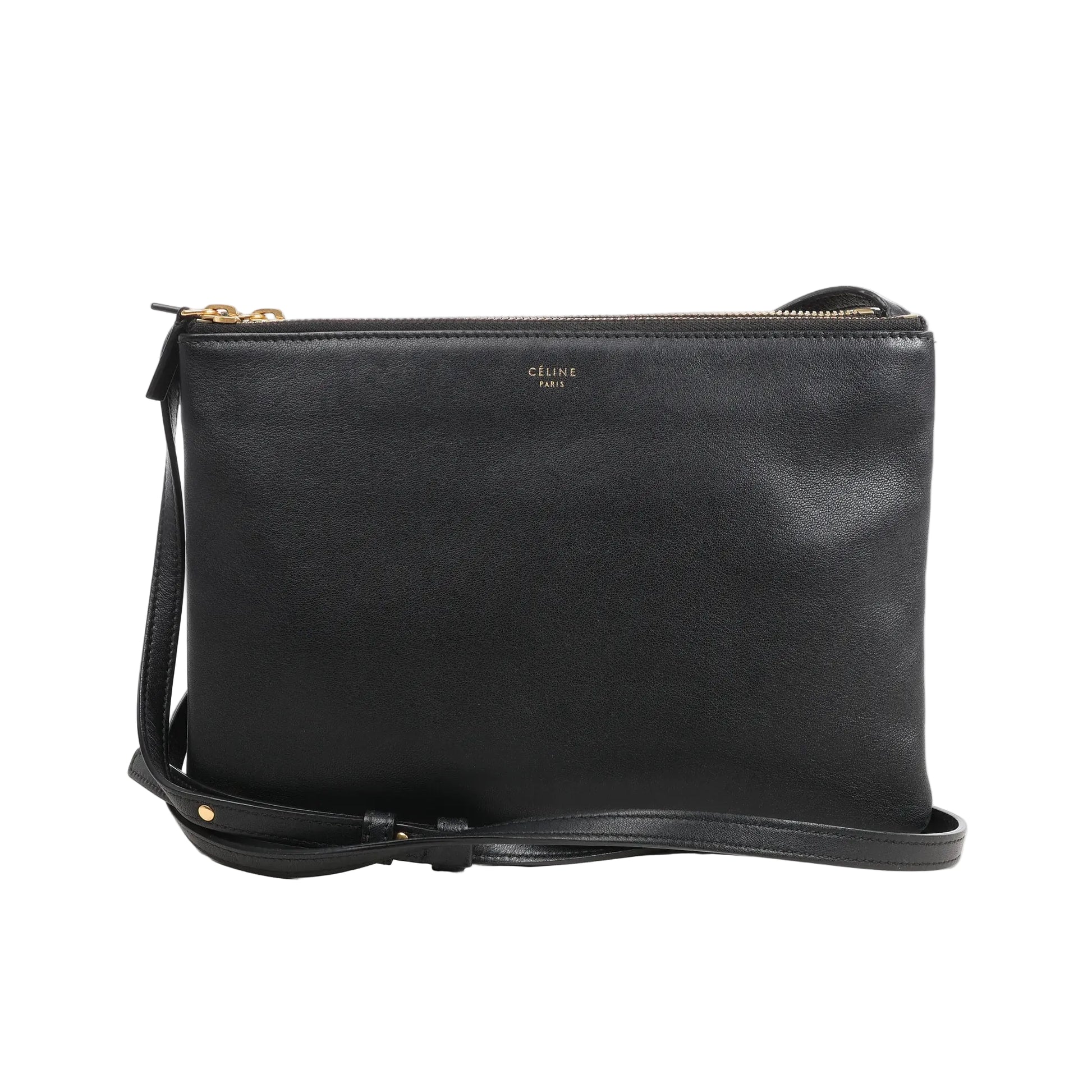 Celine Trio Large crossbody bag in black smooth leather featuring three zippered compartments, adjustable leather strap, and gold Celine Paris logo.