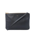 Celine Trio Small black leather crossbody bag with slim shoulder strap, gold-tone zip closure, and small Celine Paris logo on white background.