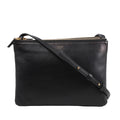 Celine Trio Large Leather Crossbody Bag in black smooth leather with gold-tone zippers, three connected zip compartments, and adjustable shoulder strap, displayed upright against a white background.