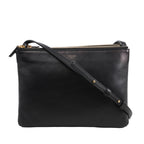 Celine Trio Large Leather Crossbody Bag in black smooth leather with gold-tone zippers, three connected zip compartments, and adjustable shoulder strap, displayed upright against a white background.