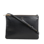 Celine Trio Large crossbody bag in black leather with gold-tone zippers, adjustable shoulder strap, and three detachable compartments.