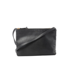 Black Celine Trio Small leather crossbody bag with gold zip-top closure and long strap on a white background