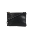 Black Celine Trio Large leather crossbody bag with zip-top closure, slim strap, and small gold logo stamp on a white background
