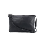 Celine Soft Trio Small crossbody bag in black leather with a slim adjustable strap, soft rectangular shape and silver-tone top zippers.